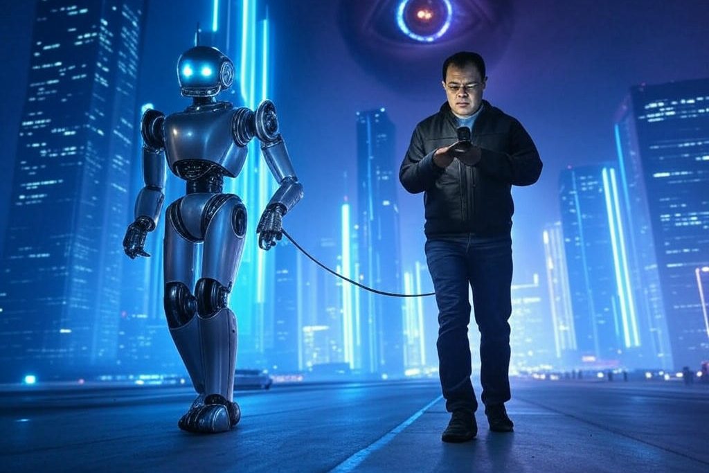 Robot pasea con una correa a un hombre en una ciudad futurística. La escena recuerda a un hombre paseando un perro. 