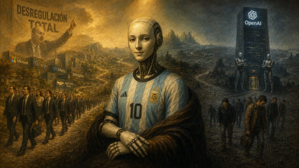 Pintura estilo renacimiento con robot 
con camiseta de la selección argentina 
número 10 al centro, rodeado de trabajadores, 
empresas tecnológicas y el edificio de OpenAI, 
representando el impacto de la inteligencia 
artificial en el mercado laboral argentino.