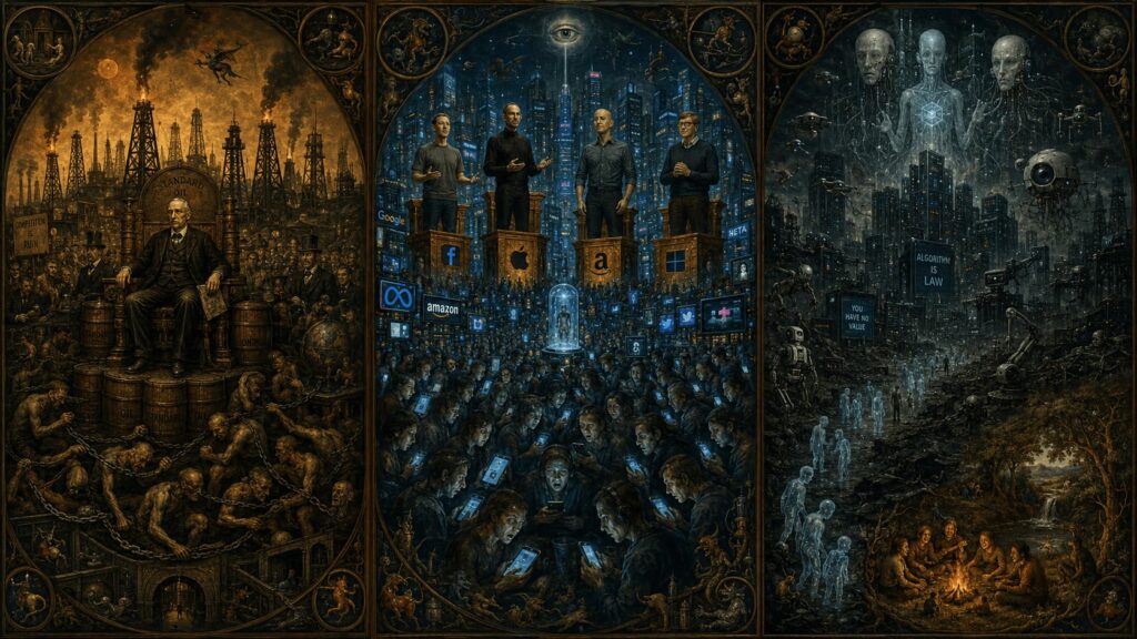 Tríptico estilo Hieronymus Bosch mostrando 
tres eras del capitalismo: explotación 
petrolera de Rockefeller, dominación de 
Big Tech con multitudes hipnotizadas, y 
mundo controlado por IA con mayorías 
excluidas, excepto un rincón de personas 
viviendo precariamente pero felices sin 
tecnología.