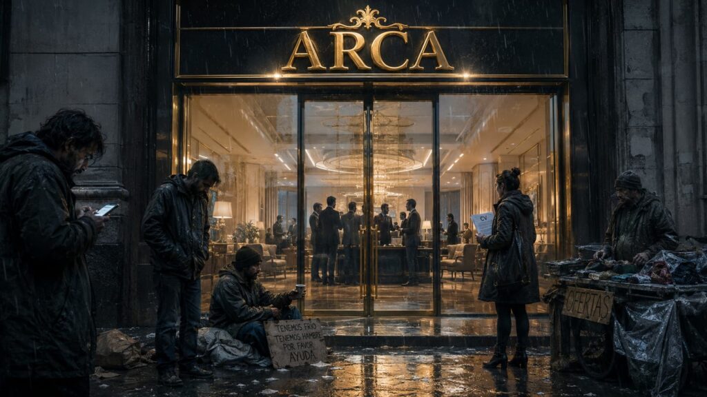 Puerta de vidrio doble con letrero dorado que dice 'ARCA'. Dentro: funcionarios en oficina cómoda. Fuera: personas buscando empleo, pidiendo limosna, vendedores ambulantes, desesperación.