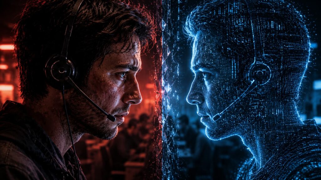 Primer plano de un trabajador de call center frente a su réplica digital de inteligencia artificial. El rostro humano muestra cansancio; el rostro digital es perfecto e inexpresivo.