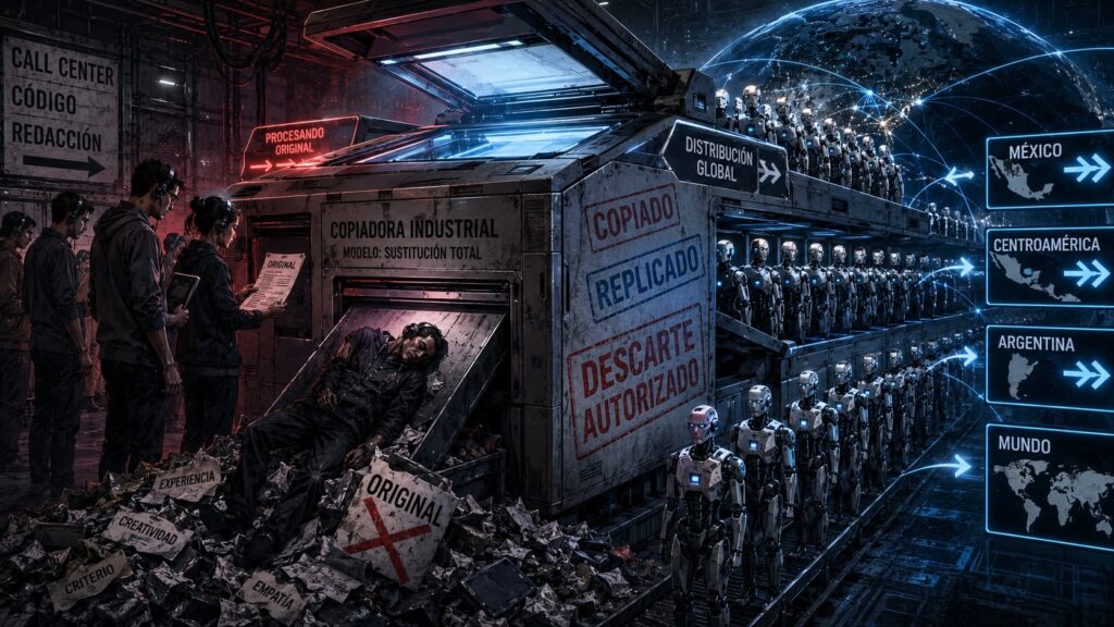 Máquina fotocopiadora industrial gigante: trabajadores entran por la izquierda, robots idénticos salen hacia múltiples direcciones (México, Centroamérica, Argentina). El original es descartado.