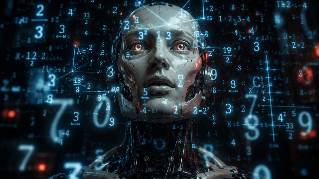 Rostro artificial digitalmente renderizado rodeado de números, ecuaciones y código azul, representando un gemelo digital o modelo de predicción