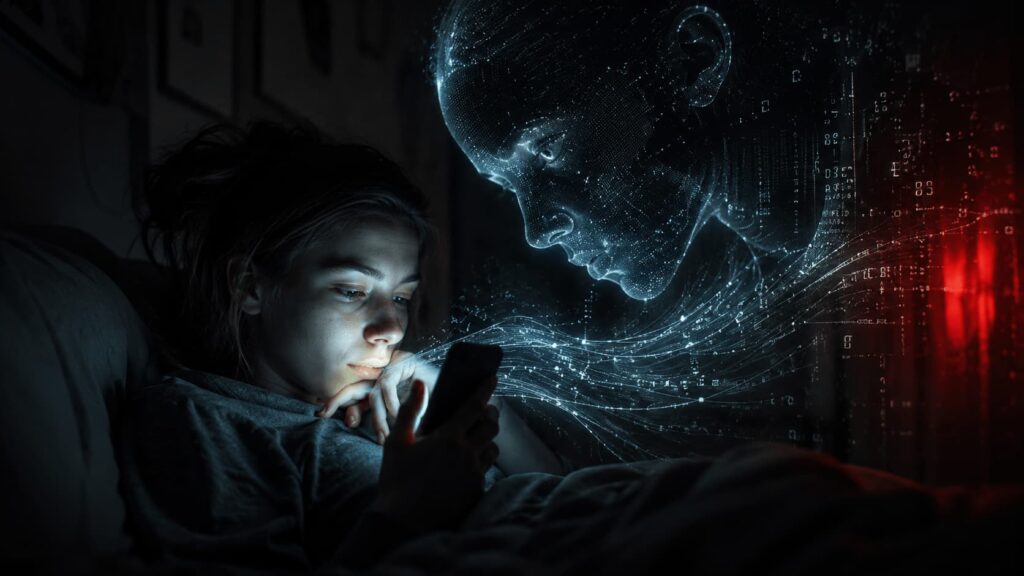 Mujer mirando un smartphone con una representación holográfica de datos y código que emana de la pantalla en la oscuridad.