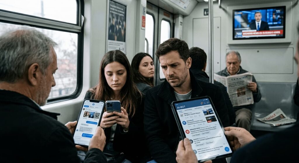 Personas en un vagón de transporte público mirando smartphones con redes sociales y chatbots, mientras un hombre mayor lee un periódico tradicional al fondo.