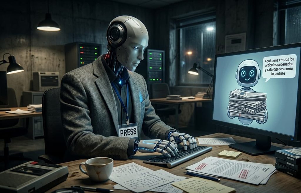 Robot IA, es un agente, está escribiendo a un chatbot que le trae los periódicos de un medio todos organizados